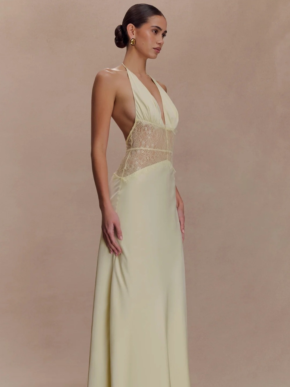 Dinah Meshki Pale Yellow Halter Lace-Panel Maxi Dress